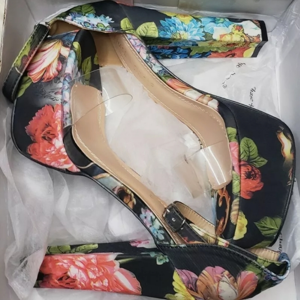 🆕️Clear PVC Strap Floral Platform Heels sz 7 - Picture 2 of 9